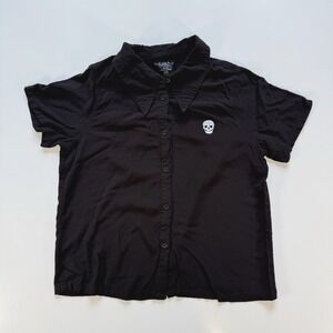 COSMIC AURA Short Sleeve Button Up Embroidered Skull Shirt Womens Large Black